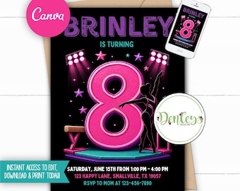 Gymnastics 8th Birthday Invitation 8th Birthday Invite Editable Canva Template Gymnastics Birthday Age 8 Superhero eighth Birthday Invite