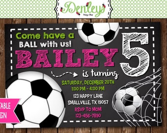 Soccer Birthday Invitation, Pink Soccer Theme, Soccer Favors, Girl Sports Soccer Invitation (SO03)