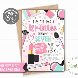 Make Up Invitation, Make Up Party, Makeup, Makeup Invitation, Blush, Eye Shadow, Lip Stick Invitation, Glam Invite, Glam Party (MU04)