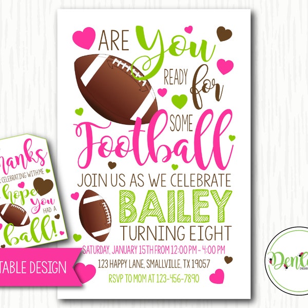 Girl Football Birthday Printable Invitation, Football Invite, Pink Football, Girly Football Invitation (FO05)