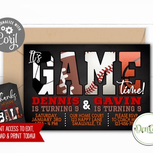 FREE Tags Joint Sports Printable Invitation Corjl Sports Party Sports Favor Tags Sports Theme Basketball Football Soccer Allstar Brothers