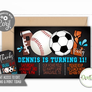FREE Tags, Football, Soccer, Baseball, Basketball Pool Party, Corjl, Sports Party, Basketball Swimming Invitation, Sports Pool Party (PO19)