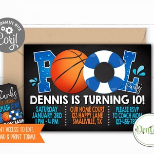 FREE Tags Basketball Pool Party Birthday Invitation Corjl Basketball Swimming Invitation Pool Party Sports Pool Invite Instant Access Pool