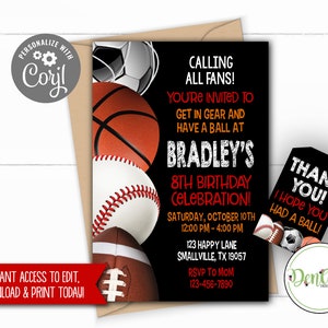 Sports Printable Invitation Corjl Sports Favor Tags FREE Tags Sports Theme Basketball Football Soccer Allstar Sports Invite Sports Editable