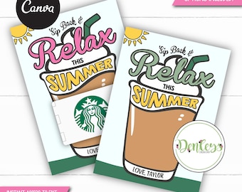 Sip Back & Relax Coffee Gift Card Holder Printable Teacher Appreciation Gift Card Holder  End of School Year Teacher Gift Canva Instant