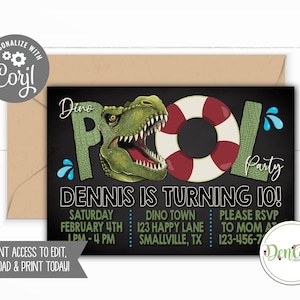 Dinosaur Pool Party Invitation Corjl Dino Invite Summer Party Dino Pool Party Dinosaur Swimming Party Dino Theme Dinosaur Summer Invitation
