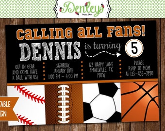 Sports Printable Invitation, Sports Party, Sports Theme, Basketball, Football, Soccer (SP06))