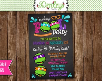 Pink Ninja Turtle Pool Party Birthday Invitation Nt12 Etsy