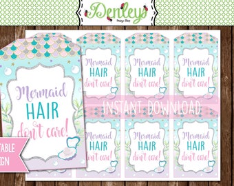 INSTANT DOWNLOAD: Mermaid Hair Don't Care, Mermaid Thank You Tags, Mermaid Favors, Favor Tags, Gift Tags (ME03)