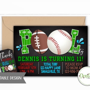Baseball and Football Pool Party Invitation Sports Party Football Swimming Invitation Baseball Theme Swimming Party Sport Pool Party