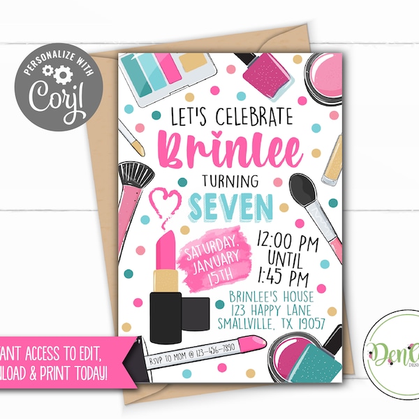 Make Up Invitation, Make Up Party, Makeup, Makeup Invitation, Blush, Eye Shadow, Lip Stick Invitation, Glam Invite, Glam Party (MU01)