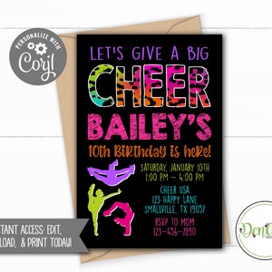 Cheerleading Birthday Invitation, Leopard Print Tumbling Invitation, Tumbling, Cheer Party, Wild Child, Cheer, Cheerleading Party (CH01)