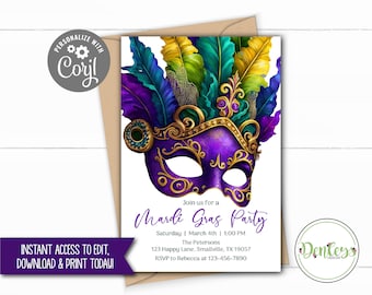 Könnte beinhalten: Lila, goldene und grüne Einladung zu einer Mardi Gras Party mit einer Maskenballmaske und Federn. Der Text lautet "Join us for a Mardi Gras Party" und enthält das Datum, die Uhrzeit und den Ort der Party.
