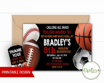 Sports Printable Invitation, Sports Party, Sports Theme, Basketball, Football, Soccer, Allstar, Sports Thank You Tags (SP10)