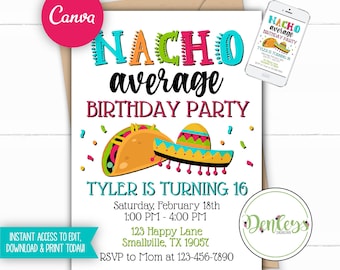 May include: A birthday party invitation with the text "Nacho Average Birthday Party" in colorful letters. The invitation features a taco and sombrero graphic. The text "Tyler is turning 16" is also included. A smartphone displays a similar design.