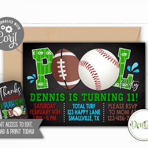 Baseball and Football Pool Party Corjl Invitation FREE Tags Sports Party Football Swimming Invitation Baseball Theme Sports Pool Swimming
