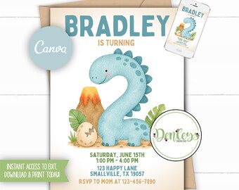 Dinosaur 2nd Birthday Invitation Two Birthday Invite Editable Canva Template Watercolor Dino Birthday Age 2 Invite Dinosaur Second Birthday