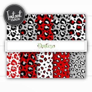 Op de afbeelding: Een collectie van tien naadloze digitale papieren met luipaardprintpatronen in verschillende kleurcombinaties van rood, zwart, wit en grijs. De afbeelding bevat de tekst Instant Download, Denleys Digital Designs en 10 Seamless 12x12 Digital Papers.