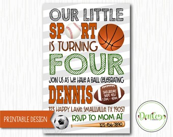 Sports Printable Invitation, Sports Party, Sports Theme, Basketball, Football, Soccer (SP14)