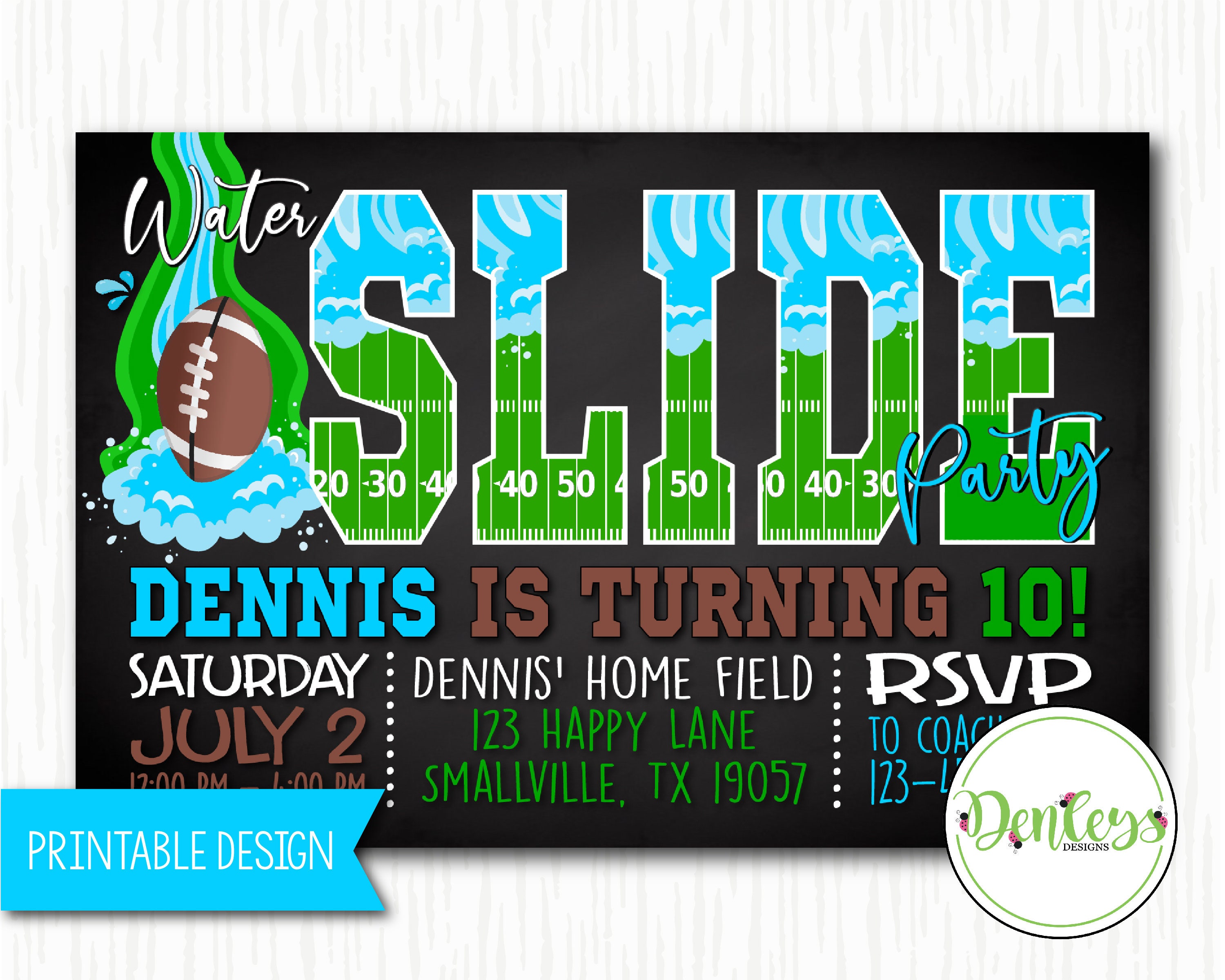 Football Waterslide Party Invitation Sports Party Football Swimming Invitation Football Theme Water Slide Sport Water Invite