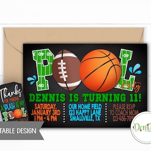 Basketball and Football Pool Party Invitation, Sports Party, Football Swimming Invitation, Football Theme, Swimming Party, Sport (PO30)