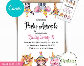 Party Animals Invitation Editable Pink Jungle Animals Invitation Safari Animals Party Canva Pink Animals Invitation Instant Download