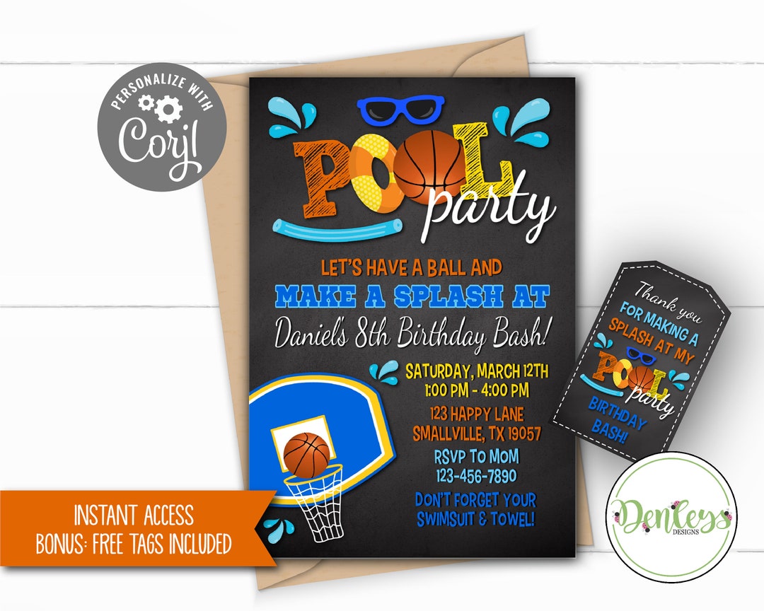FREE Tags, Basketball Pool Party Birthday Invitation, Corjl Basketball
