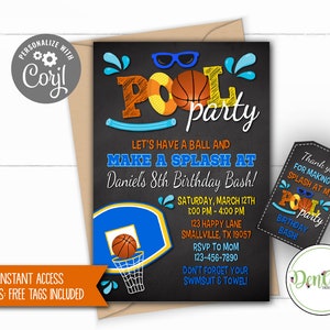 FREE Tags, Basketball Pool Party Birthday Invitation, Corjl Basketball Swimming Invitation, Pool Party, Sports Pool Invite, Instant (PO06)