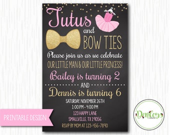 Tutus and Bow Ties Invitation, TuTu and Bow Tie Party Theme, Boy and Girl Joint Party (TB03)