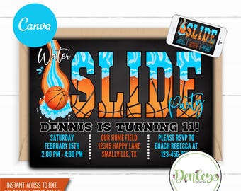 バスケットボールウォータースライド誕生日招待状Canvaバスケットボール水泳招待状スプラッシュパーティースポーツバスケットボールウォータースライド招待スポーツ