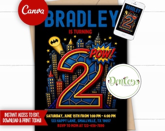 Superhero 2nd Birthday Invitation Two Birthday Invite Editable Canva Template Superheroes Birthday Age 2 Superhero Second Birthday Invite