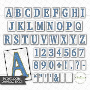Puede incluir: Un conjunto de letras del alfabeto, números y símbolos azules y dorados sobre un fondo blanco. Las letras están en una fuente serif con un estilo vintage desgastado. La imagen incluye el texto "INSTANT ACCESS! DOWNLOAD TODAY!"
