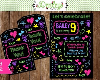 FREE Matching Tags Included- Neon Doodle Birthday Invitation (DO01)