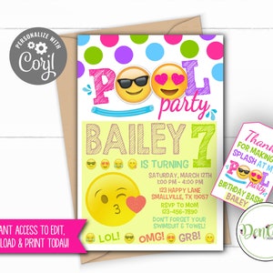 FREE Tags Included Emoji Pool Party Invitation Pool Party Invitation ...