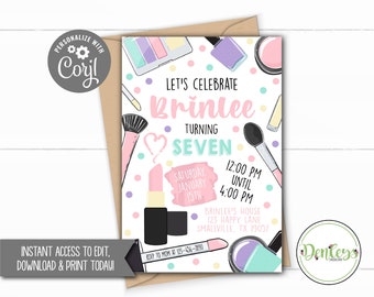 Make Up Invitation, Make Up Party, Makeup, Makeup Invitation, Blush, Eye Shadow, Lip Stick Invitation, Glam Invite, Glam Party (MU02)