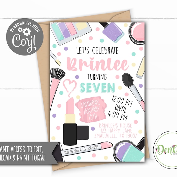 Make Up Invitation, Make Up Party, Makeup, Makeup Invitation, Blush, Eye Shadow, Lip Stick Invitation, Glam Invite, Glam Party (MU02)