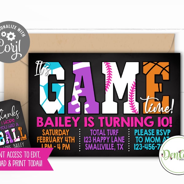 Sports Printable Invitation Girl Sports Party Sports Favors Girl Sports Theme Basketball Football Soccer Colorful Allstar Sports Invitation