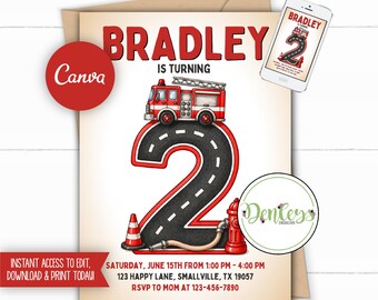 Firetruck 2nd Birthday Invitation Two Birthday Invite Editable Canva Template Watercolor Fire Truck Birthday Age 2 Fireman Second Birthday