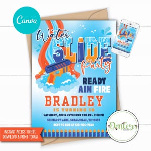 May include: A blue invitation for a water slide party with the text "Water Slide Party" in orange and blue. The invitation includes the name "Bradley" and event details. A smartphone displays the same design.