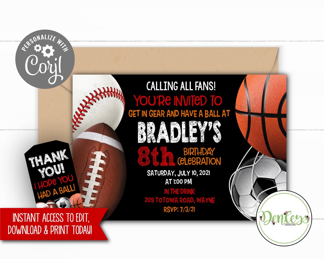 FREE Tags, Sports Printable Invitation, Corjl, Sports Favor Tags ...