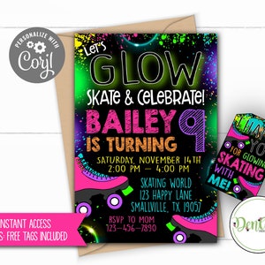 FREE Tags, Glow Roller Skating Invitation, Corjl, Glow Skating Party, Neon Skate, Pink Glow Skate Party, Printable, Girl Glow Skate (SK19)