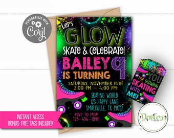 Étiquettes GRATUITES, Invitation au patinage à roulettes luminescentes, Corjl, Glow Skating Party, Neon Skate, Pink Glow Skate Party, Imprimable, Girl Glow Skate (SK19)