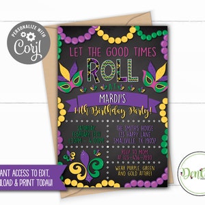 Mardi Gras Birthday Invitation, New Orleans Birthday Party, Mardi Gras Theme, Carnival Time, Mardi Gras Party (MA06)