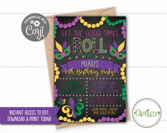 Mardi Gras Birthday Invitation, New Orleans Birthday Party, Mardi Gras Theme, Carnival Time, Mardi Gras Party (MA06)