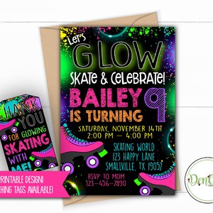 Glow Roller Skating Invitation, Glow Skating Party, Neon Skate, Pink Glow Skate Party, Printable, Girl Glow Skate (SK19)