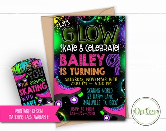 Glow Roller Skating Invitation, Glow Skating Party, Neon Skate, Pink Glow Skate Party, Printable, Girl Glow Skate (SK19)