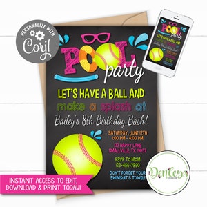 Softball Printable Invitation Softball Pool Party End of Season Softball Party Pool Party Invite Softball Invite Softball Party Softball