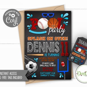FREE Tags Sports Pool Party Invitation Football Soccer Baseball Basketball Pool Party Corjl Sports Party Basketball Swimming Invitation Pool
