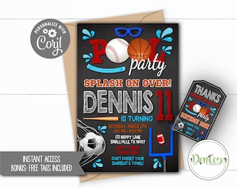 FREE Tags Sports Pool Party Invitation Football Soccer Baseball Basketball Pool Party Corjl Sports Party Basketball Swimming Invitation Pool