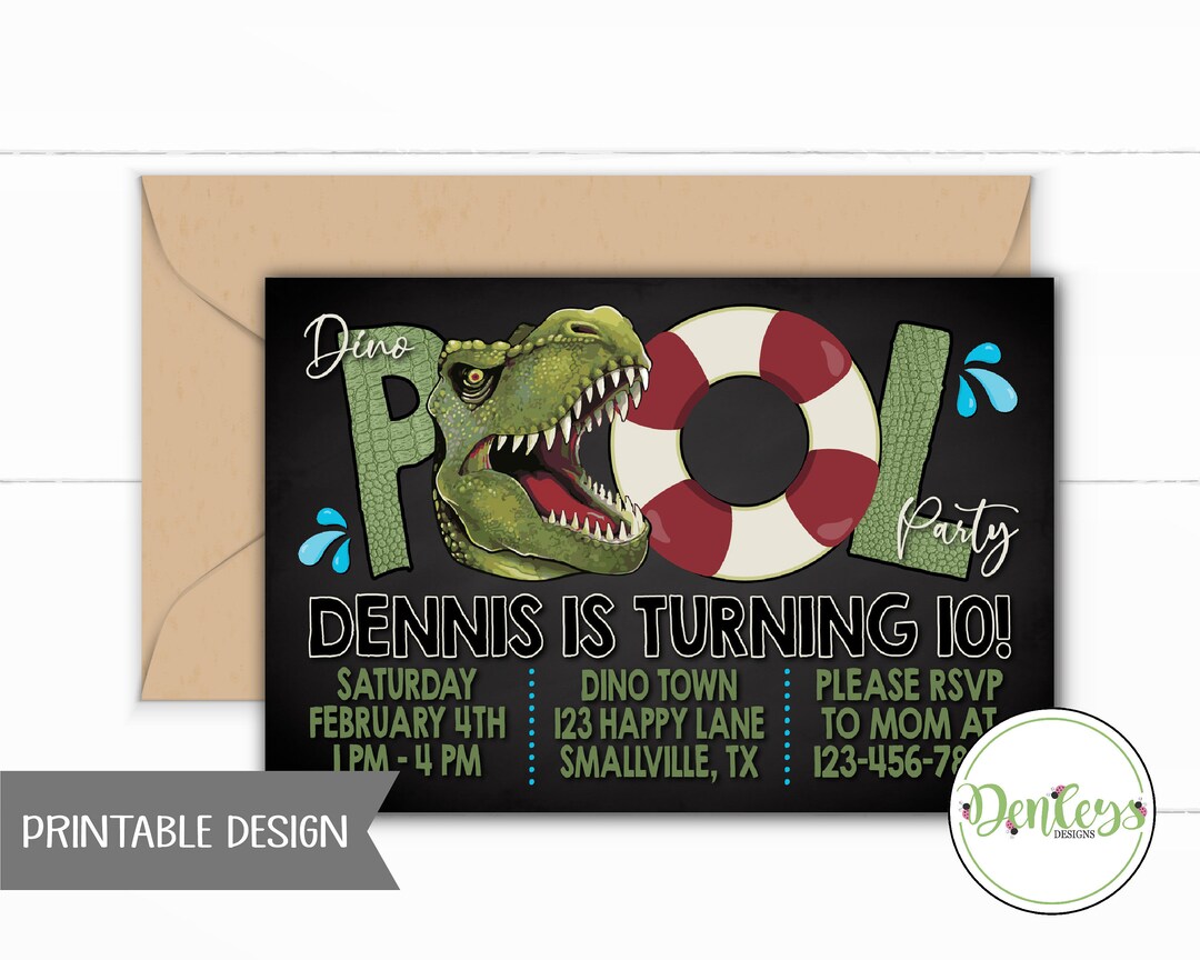 Dinosaur Pool Party Invitation Dino Invite Dino Summer Party Dino Pool